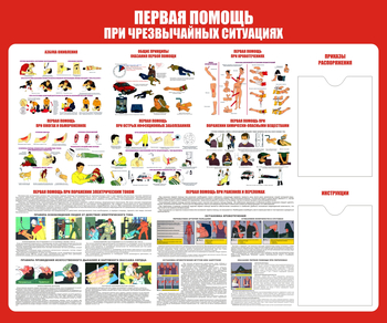 С19 Стенд первая помощь (при чрезвычайных ситуациях) (1200х1000 мм, карманы, пластик ПВХ 3 мм, алюминиевый багет золотого цвета) - Стенды - Стенды по первой медицинской помощи - магазин "Охрана труда и Техника безопасности"
